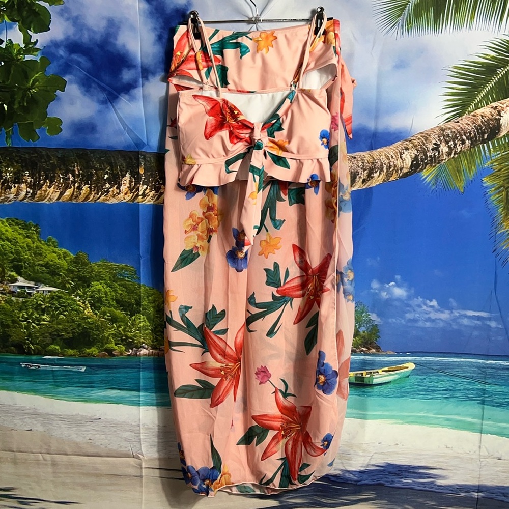 Three Piece Swim Set Tropical Pink Flower - Picture 2 of 6